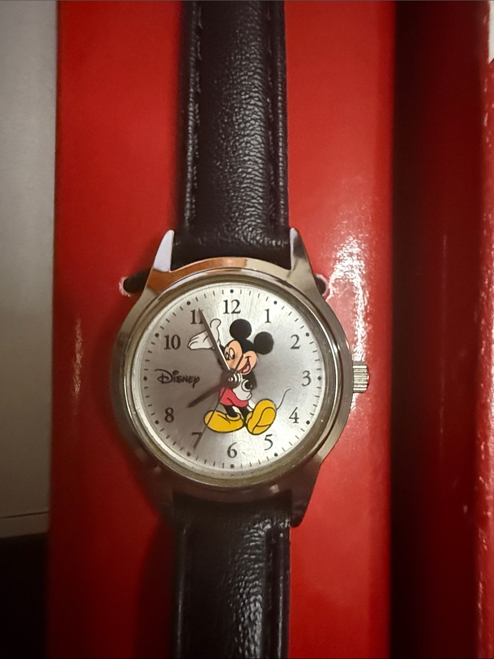 Disney Mickey Mouse women’s Watch with Black Leather Strap and Silver Case